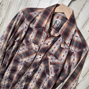 Vintage Karman Western Pearl Snap Long Sleeve Button Up Shirt Extra Long Tail Lg